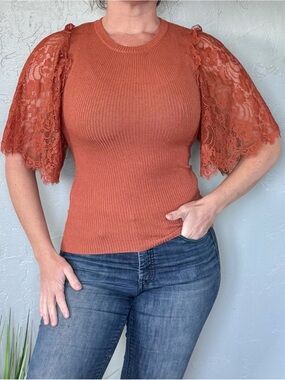 Lovecolette Rust Orange Lace-Sleeve Ribbed Knit Top